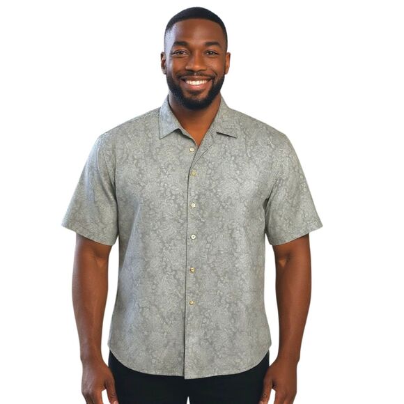 Thomas Dean Size LG Blue White Paisley Print Short Sleeve Button Down Mens Shirt - Picture 1 of 7